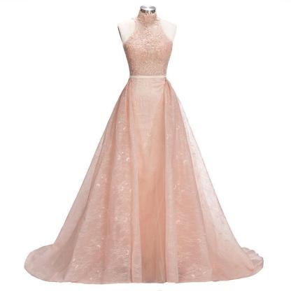Popular Illusion Sleeveless High-Neck Unique Lace Sheath Puffy Overskirt Prom Dress UK jj0157