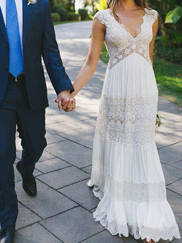 Floor-Length A-Line V-Neck Lace Short Sleeves Ruched Wedding Dresses UK