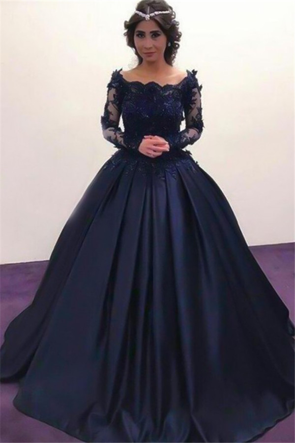 Lace Lace Appliques Bateau Long Sleeves Prom Dress UK Ball Gown Evening Dress UK with Beads-27Dress.co.uk