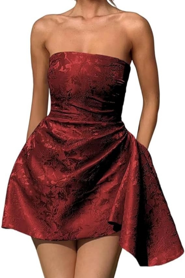 Strapless Ruched Satin Short Party Dress Sleeveless Knee Length Jacquard Homecoming Dress with Pocket