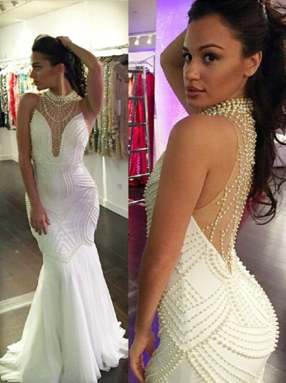 Beautiful Sleeveless Pearls Mermaid Prom Dress UKes UK Floor Length