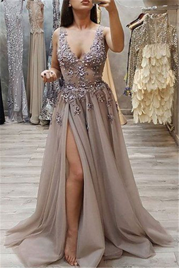 Chic Straps Sleeveless Front Slit A-Line V-Neck Long Prom Dress UKes UK UK