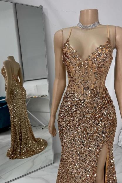 Charming Sleeveless Glitter Sequins Mermaid Prom Dress Spaghetti Straps V-Neck Side Split Party Wear Dress-27Dress.co.uk