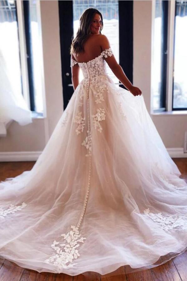 Elegant Off Shoulder Tulle Lace Wedding Dress Aline Floor Length Bridal Dress