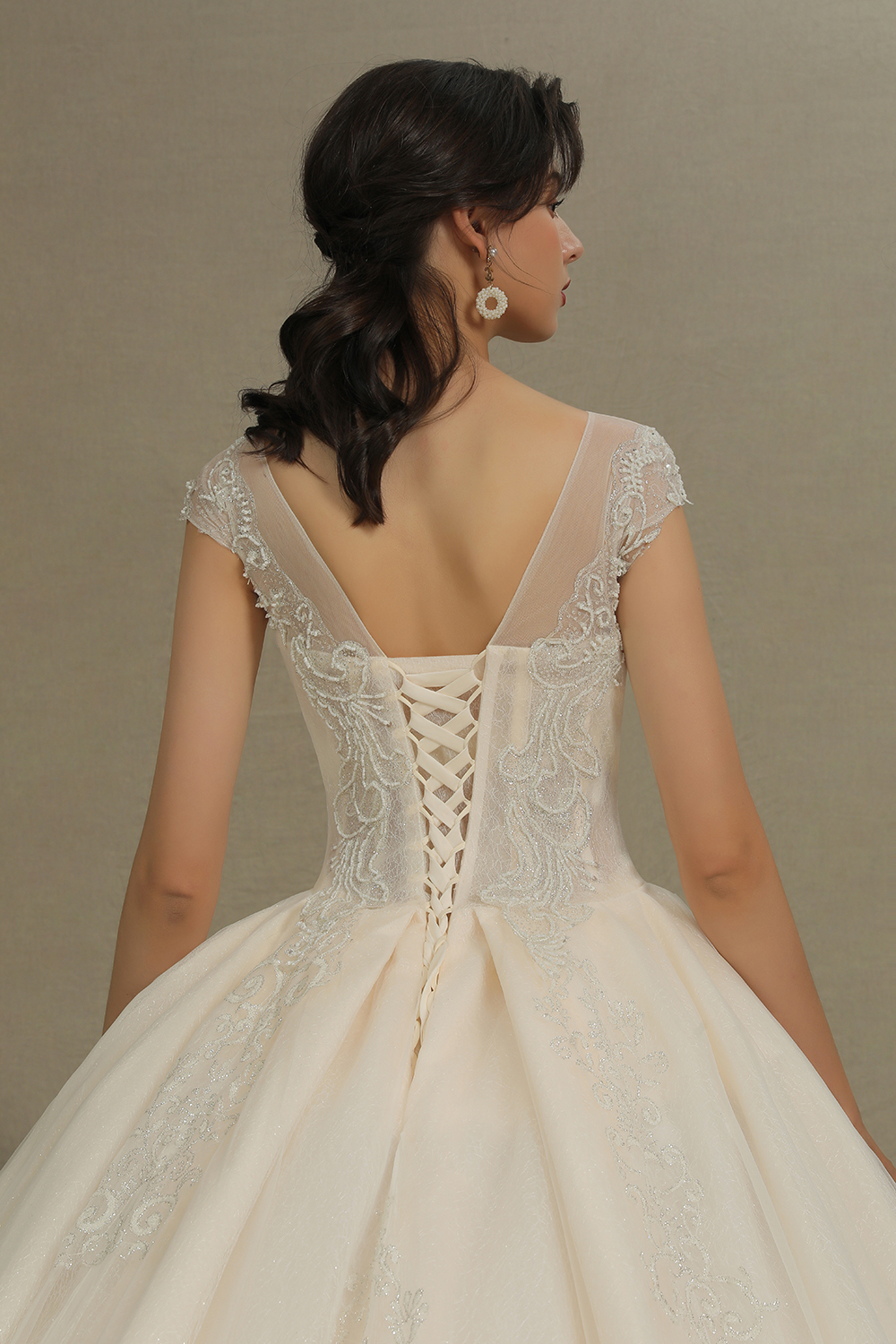 Cap Sleeve Aline Cathedral wedding dress Tulle Lace Appliques Garden Bridal Gown