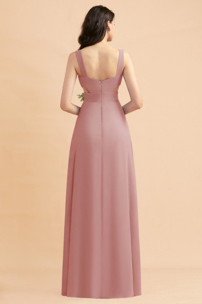 Dusty Blue Chiffon Bridesmaid Dress with Side Slit Long Wedding Guest Dress