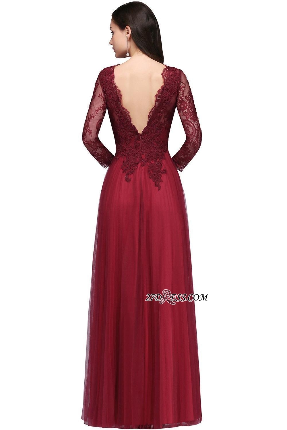 V-Neck Long-Sleeves Burgundy Floor-Length A-line Prom Dress UKes UK