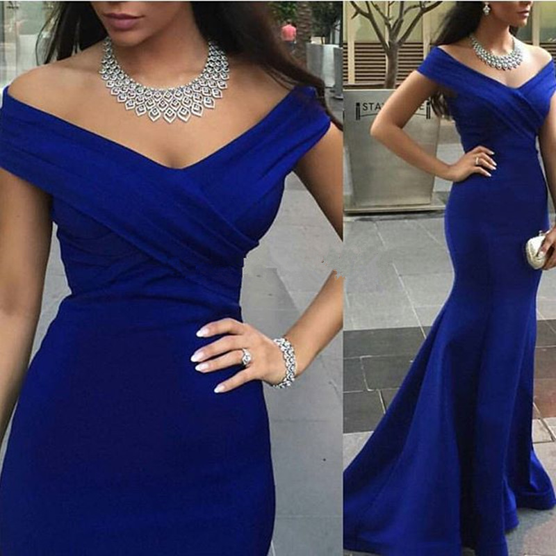 Sexy Royal Blue Mermaid Prom Dress UK Off-the-shoulder Sweep Train