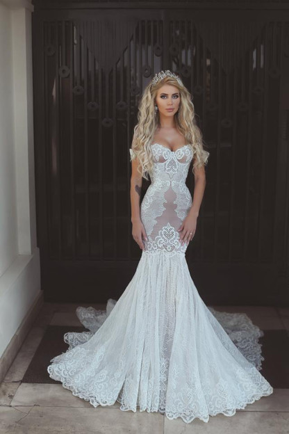Modern Off-the-Shoulder Sweetheart Lace Sexy Mermaid Wedding Dress On Sale BA7275