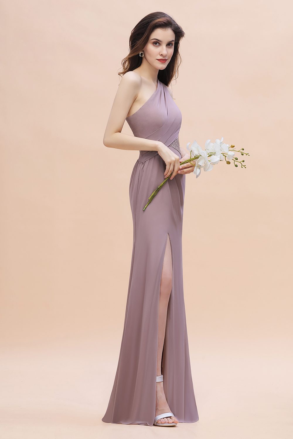 Amazing One Shoulder Dusk Long Side Split Bridesmaid Dress Ruched Chiffon Wedding Party Dress