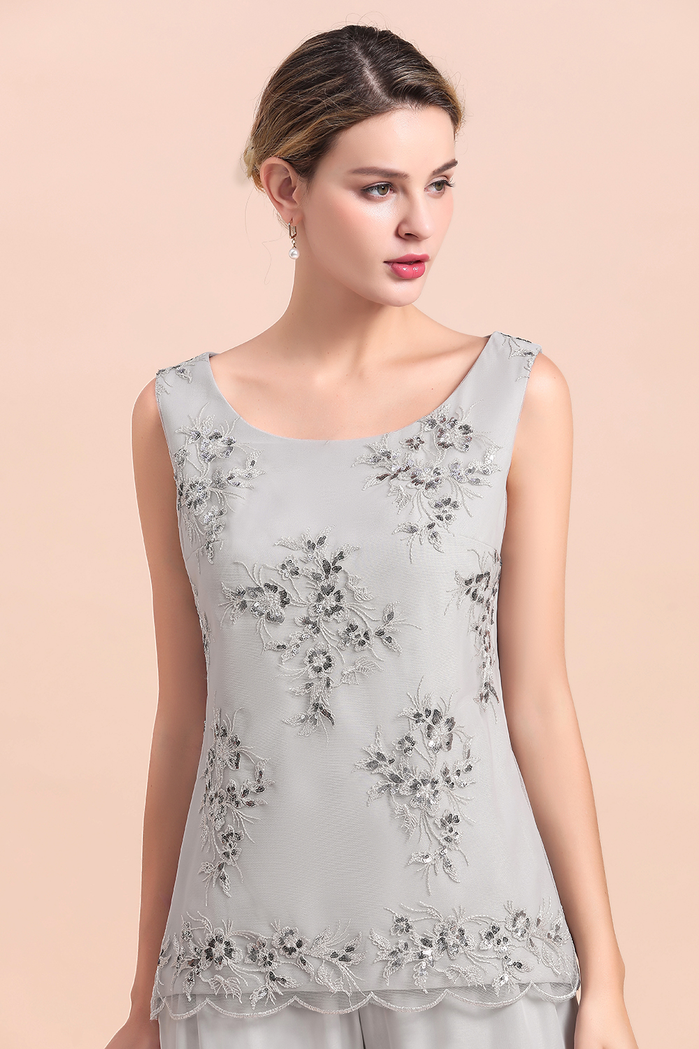Elegant Sleeveless Appliques Silver Chiffon Mother of Bride 3 Piece Jumpsuit with Wrap