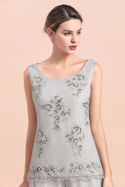 Elegant Sleeveless Appliques Silver Chiffon Mother of Bride 3 Piece Jumpsuit with Wrap