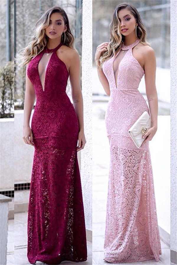 Halter Lace Mermaid Prom Dress UKes UK Sleeveless Keyhole Side Slit Elegant Evening Dress UKes UK