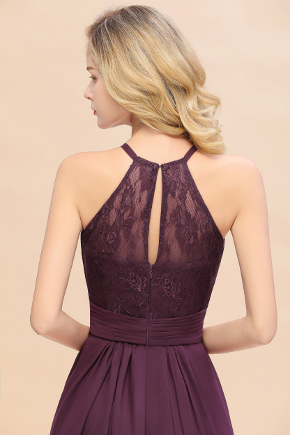 Halter Grape Lace Bridesmaid Dress Sleeveless Long Wedding Guest Dress