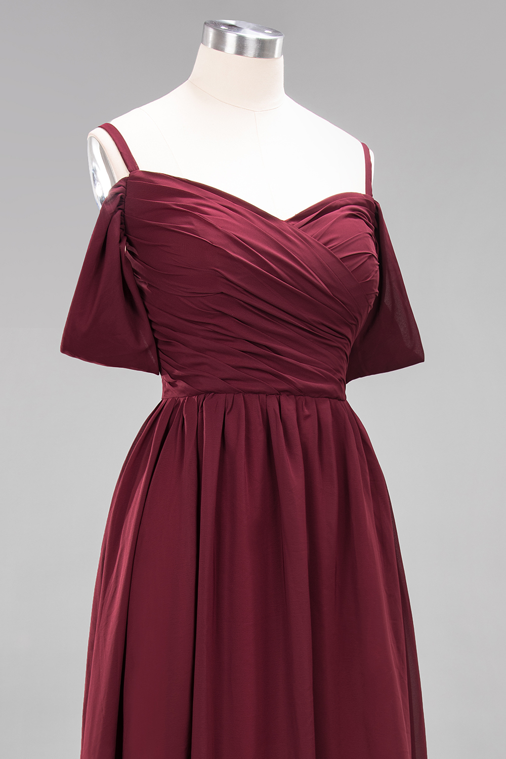 A-Line Light Chiffon V-Neck Spaghetti Straps Short-Sleeves Sweep Train Bridesmaid Dress UKes UK UK with Ruffles-27Dress.co.uk