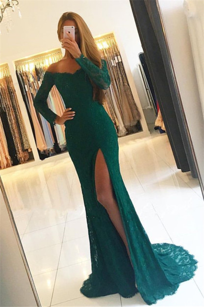 Green Lace Long-Sleeves Side-Slit Sexy Off-the-Shoulder Prom Dress UKes UK BA7153