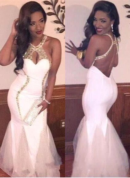 Designer White Halter Sleeveless Prom Dress Sexy Mermaid Gold Beads