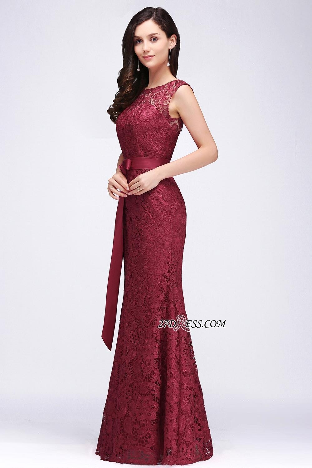 Bowknot-Sash Lace Floor-Length Burgundy Sleeveless Mermaid Prom Dress UKes UK