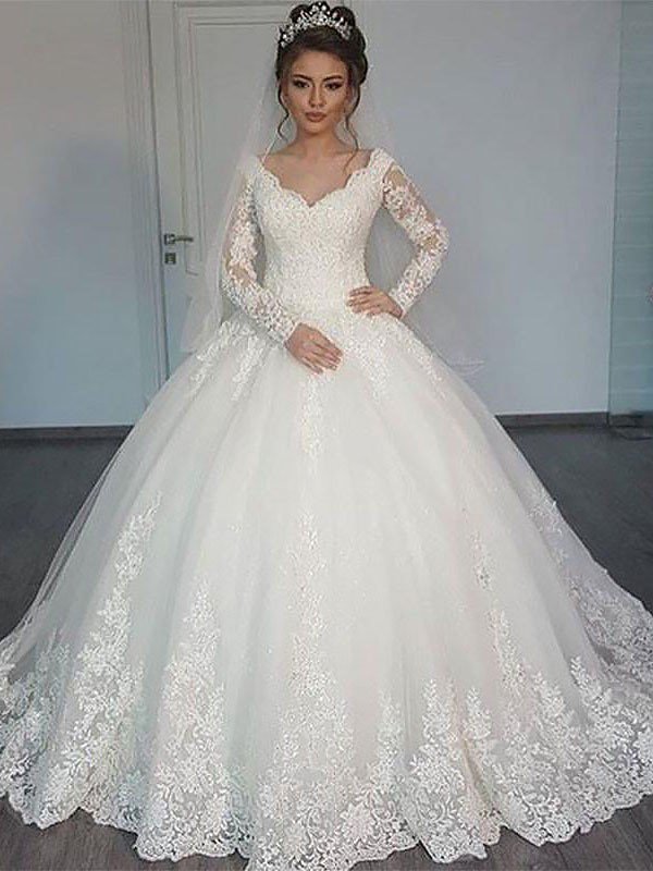 Court Train Tulle Ball Gown V-Neck Long Sleeves Wedding Dresses UK