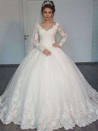 Court Train Tulle Ball Gown V-Neck Long Sleeves Wedding Dresses UK