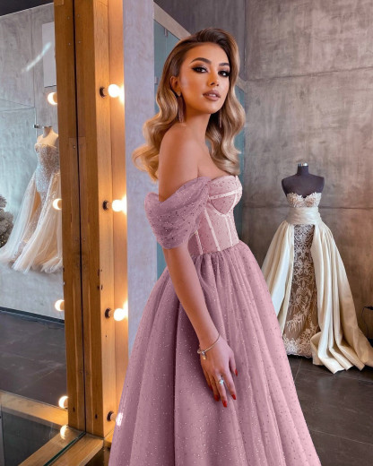 Boho Sparkly Sequins Soft Tulle Party Dress Off Shoulder Cocktail Formal Dresses