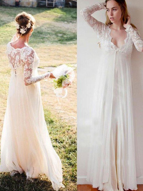 Empire Lace Floor-Length V-neck Long Sleeves Wedding Dresses UK-27Dress.co.uk