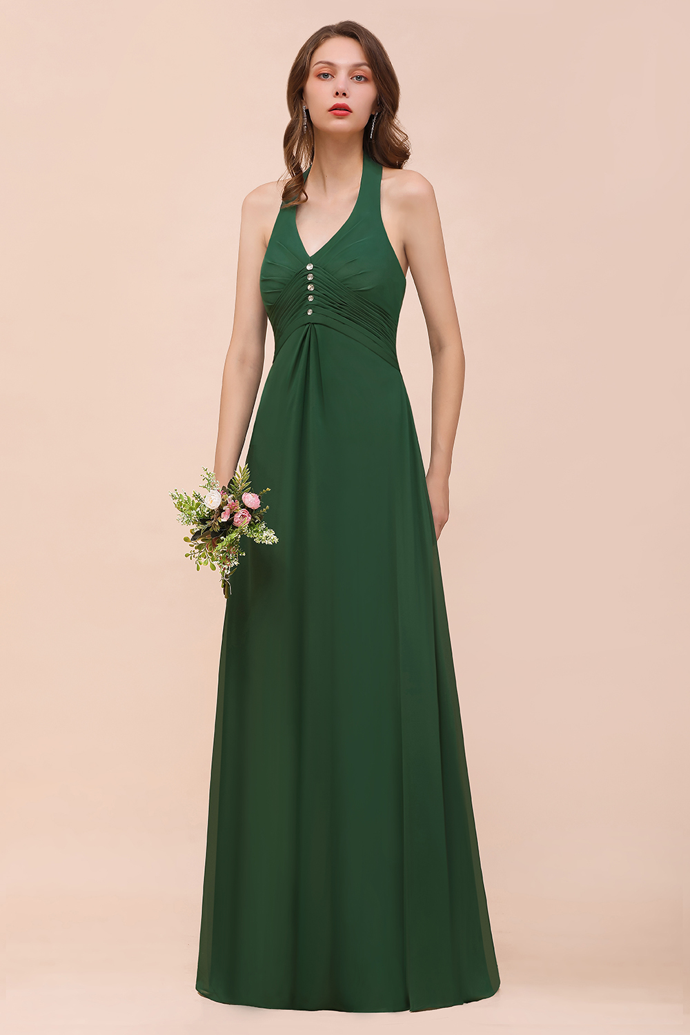 Dark Green Halter Ruched Chiffon Beadings Long Bridesmaid Dresses with Shawl