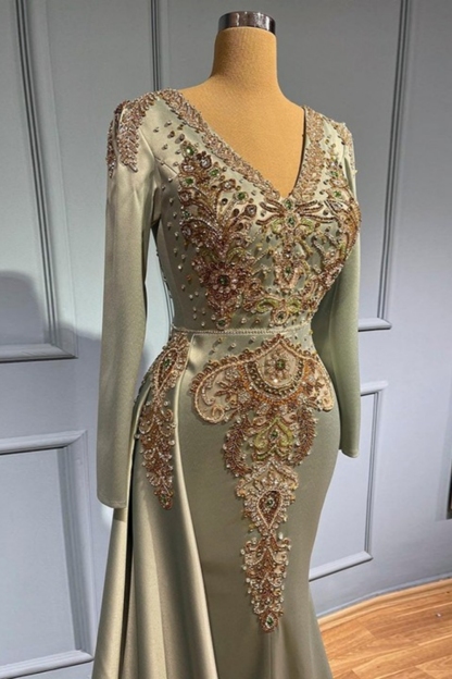 Luxury Long Sleeves Satin Mermaid Evening Gown Gold Beading Appliques Party Dress with Sweep Train