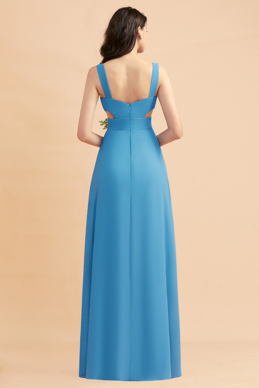 Dusty Blue Chiffon Bridesmaid Dress with Side Slit Long Wedding Guest Dress