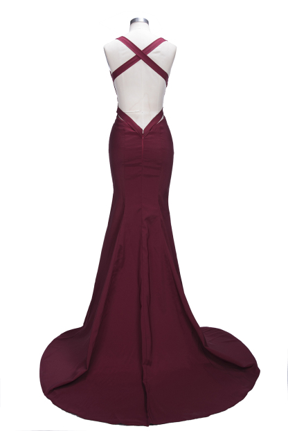 Sweep-Train V-neck Burgundy Elegant Mermaid Sleeveless Prom Dress UK sp0259