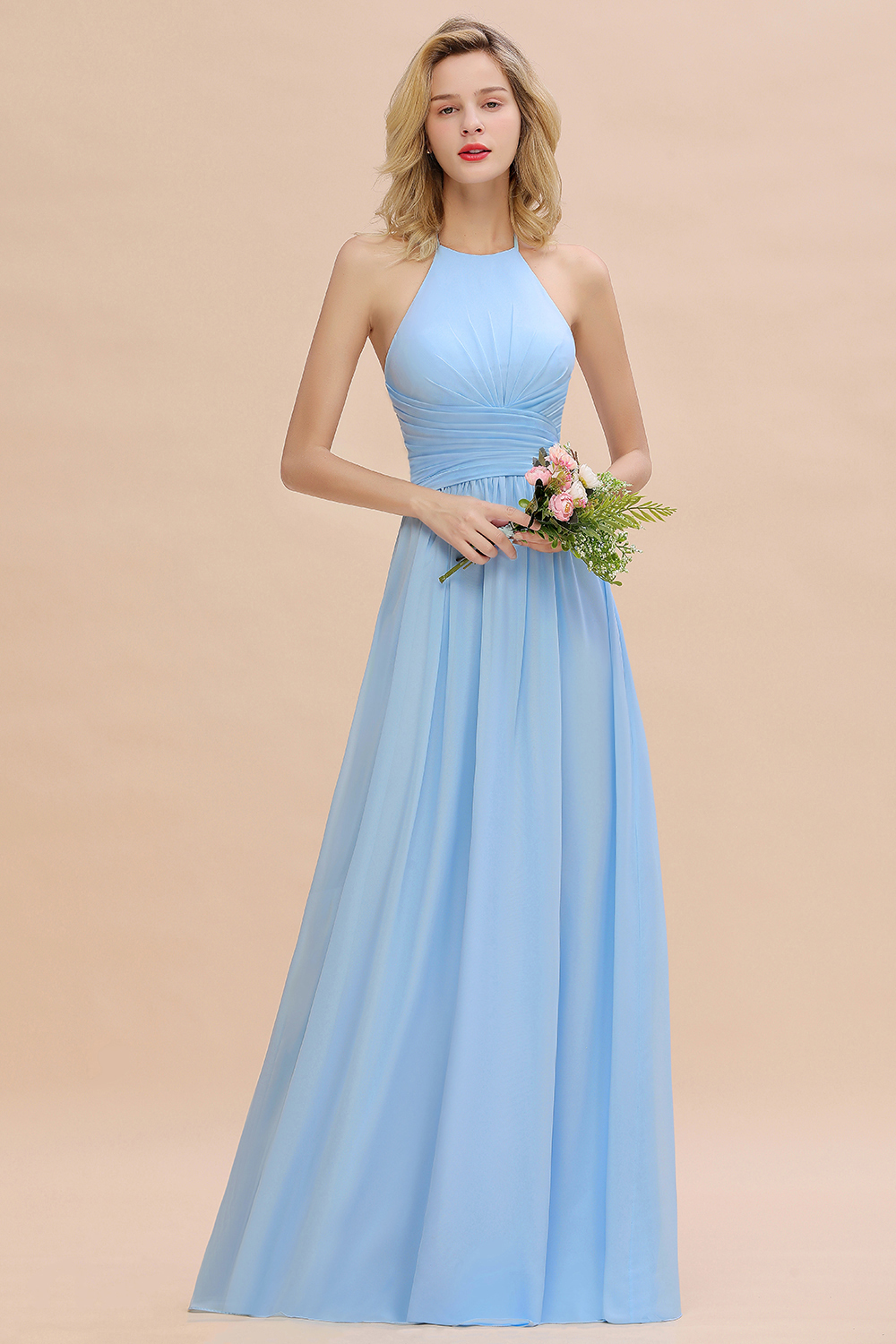 Halter Sky Blue Ruched Chiffon Long Bridesmaid Dresses
