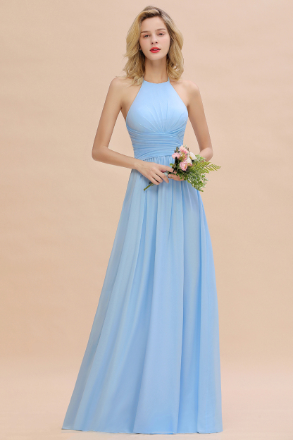 Halter Sky Blue Ruched Chiffon Long Bridesmaid Dresses