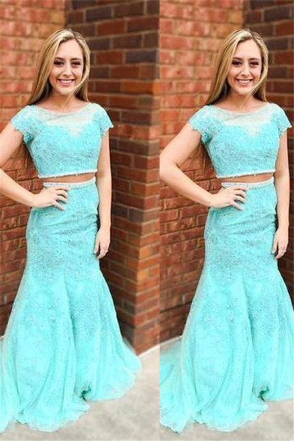 Sexy Jewel Lace Appliques Two Piece Prom Dress UKes UK Mermaid Sleeveless Evening Dress UKes UK
