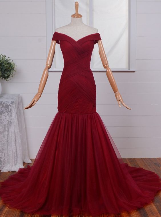 Gorgeous Off-the-Shoulder Mermaid Evening Dress UKes UK Tulle Burgundy BA4225-27Dress.co.uk