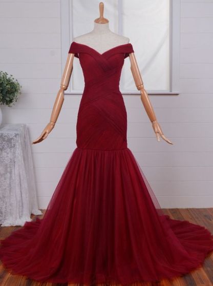 Gorgeous Off-the-Shoulder Mermaid Evening Dress UKes UK Tulle Burgundy BA4225-27Dress.co.uk