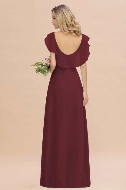 V-Neck A-line Bridesmaid Dress Chiffon Long Wedding Party Dress with Split
