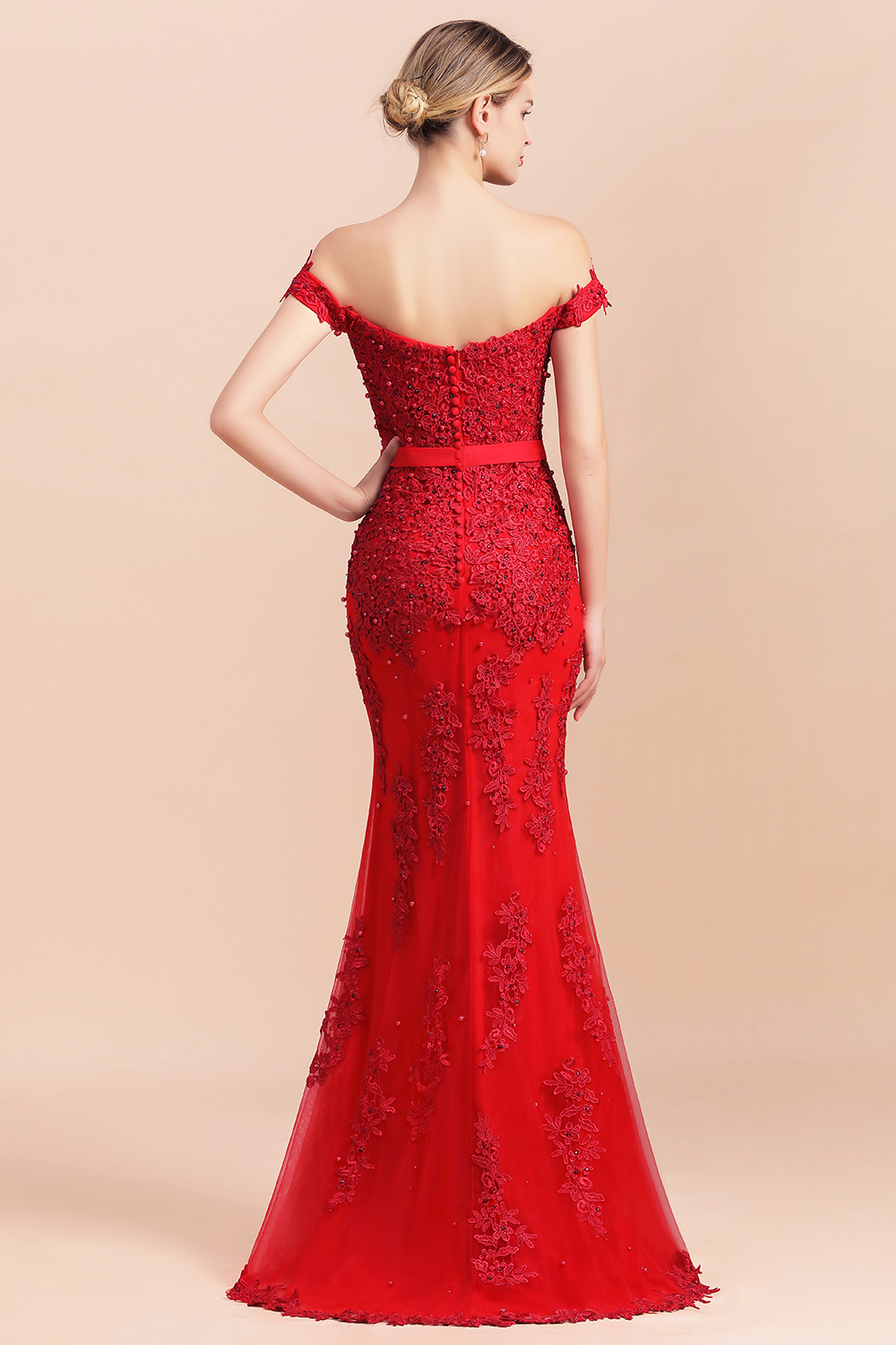Gorgeous Red Off-the-Shoulder Lace Mermaid Bridesmaid Dress