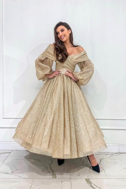 Long Sleeves Ruffle Tea Length Evening Dress Glitter Aline Party Ｗear Dress