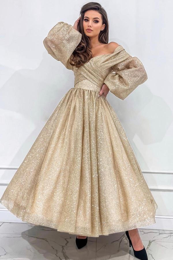 Long Sleeves Ruffle Tea Length Evening Dress Glitter Aline Party Wear Dress