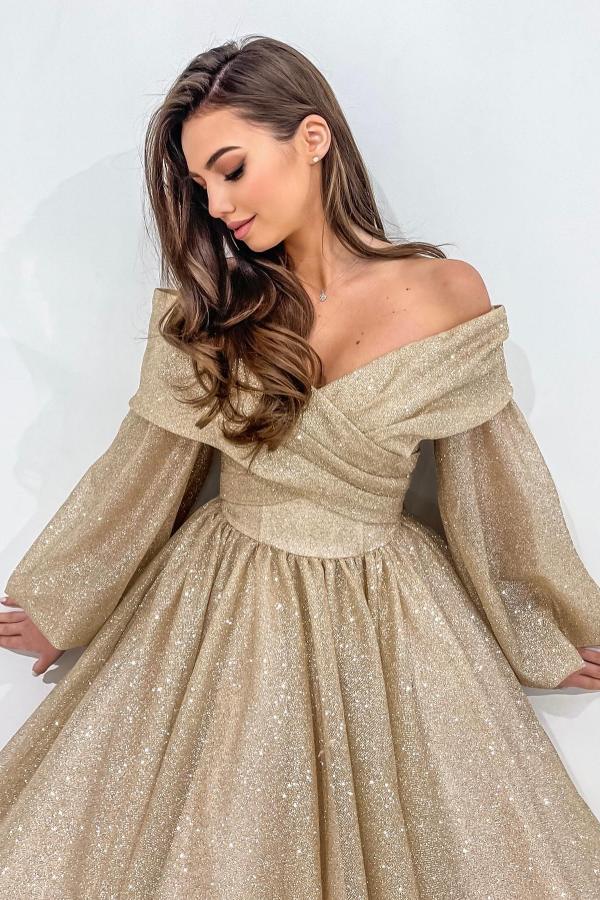 Long Sleeves Ruffle Tea Length Evening Dress Glitter Aline Party Wear Dress