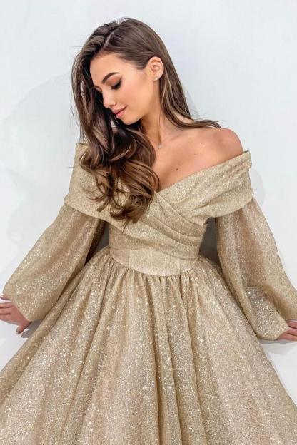 Long Sleeves Ruffle Tea Length Evening Dress Glitter Aline Party Ｗear Dress