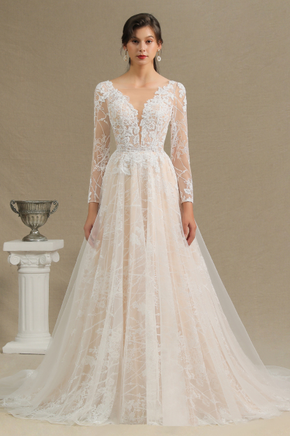 Elegant Lace Deep V-neck Wedding Dress Long Sleeve Floor Length Bridal Gowns