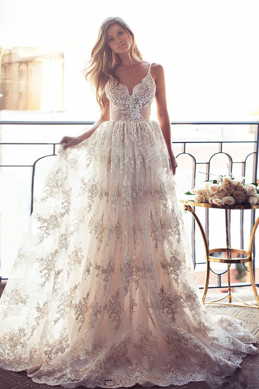 Gorgeous Spaghetti Straps Lace Wedding Dress A-Line Backless BA3364