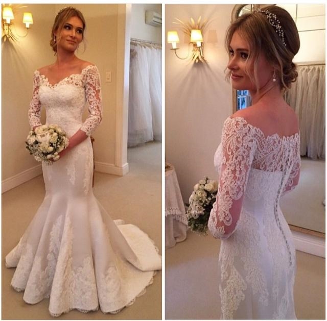 Modern Off-the-shoulder 3/4-longth-sleeve Sexy Mermaid Wedding Dress With Lace Appliques