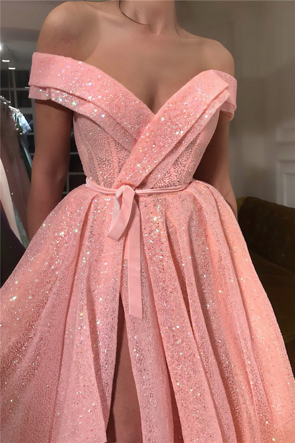 Sparkly Sequins Off The Shoulder Prom Dress | Sleeveless Sexy Slit Long Evening Gowns UK