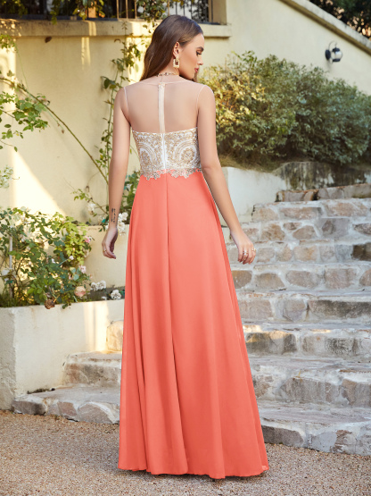 Modest Sleeveless Chiffon Evening Dress Scoop Neck Gold Appliques Floor Length Formal Dresses