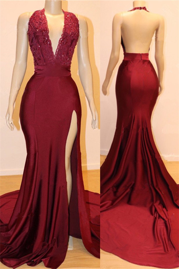 Elegant Backless Burgundy Maroon Prom Dress UKes UK UK with Slit | Sexy V-Neck Halter Affordable Evening Gowns with Court Train-27Dress.co.uk