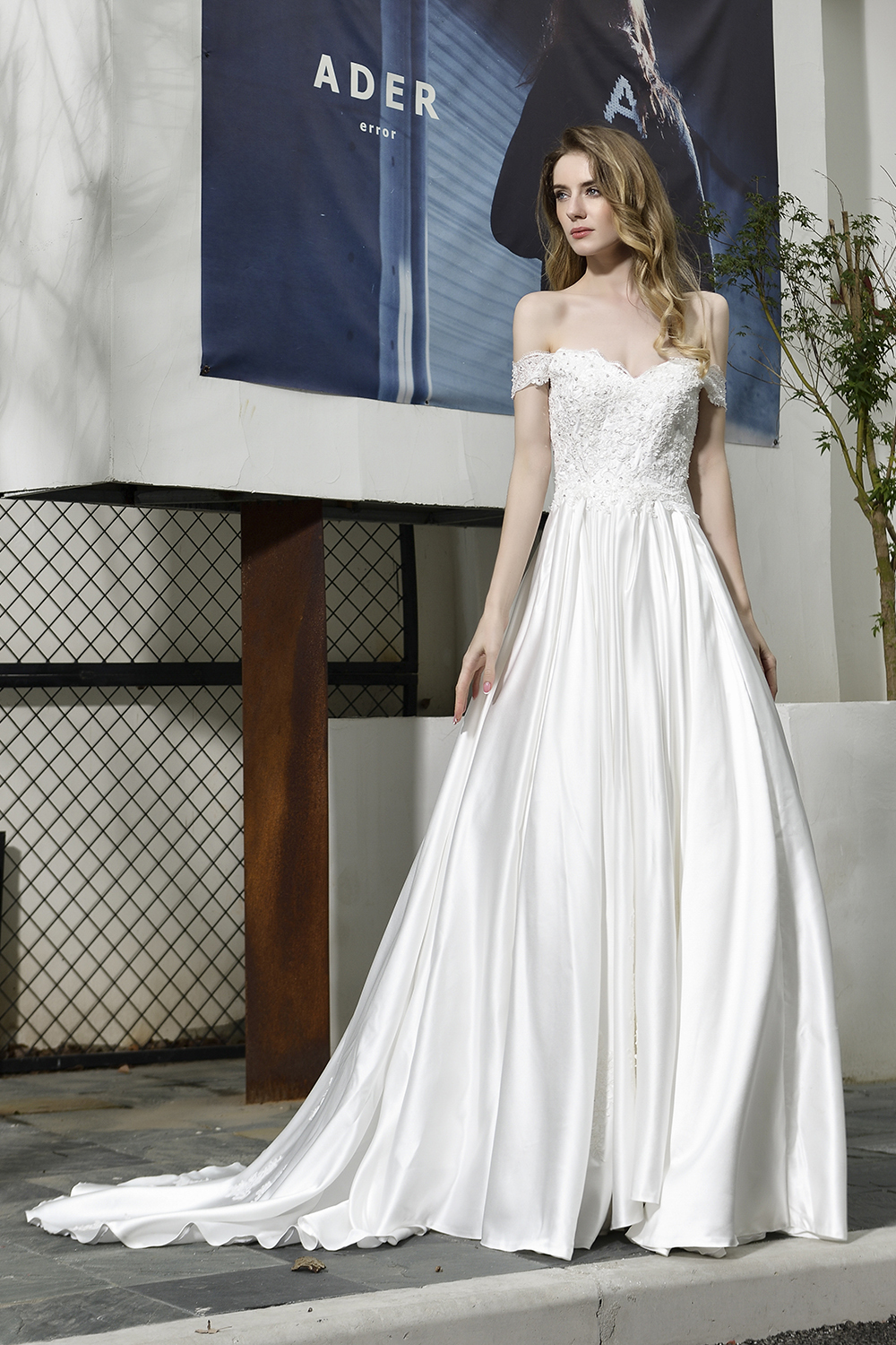 Off-the-Shoulder Satin Wedding Dress Aline Floral Lace Bridal Gown