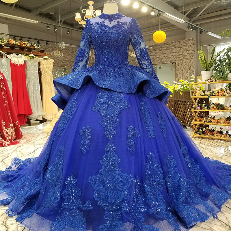 Long Sleeves Ball Gown Applique Tulle Beads Court Train Prom Dress UK UK