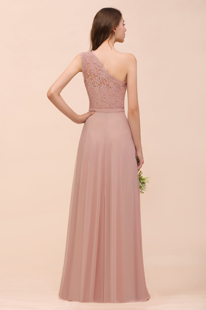 One Shoulder Dusty Pink Lace Chiffon Bridesmaid Dresses